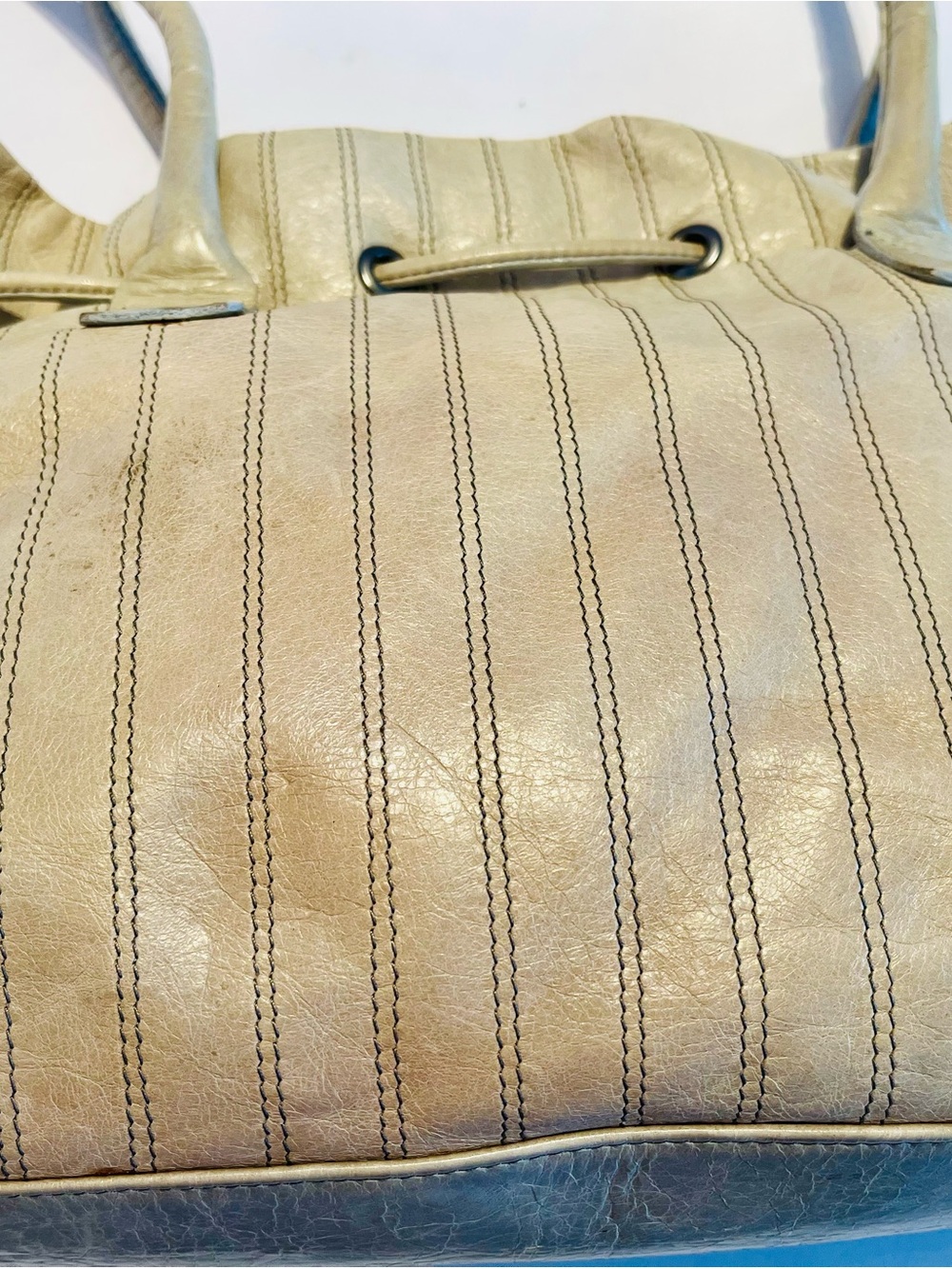 Berge Genuine Leather Studded Drawstring Shoulder Bag Beige Cream Made In Italy - Picture 6 of 10